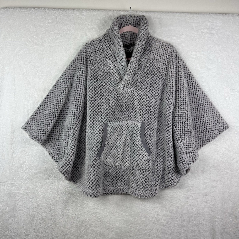 Laura Ashley S/M Poncho Gray Soft Chenille Faux‎ Fur Front Pocket EUC
